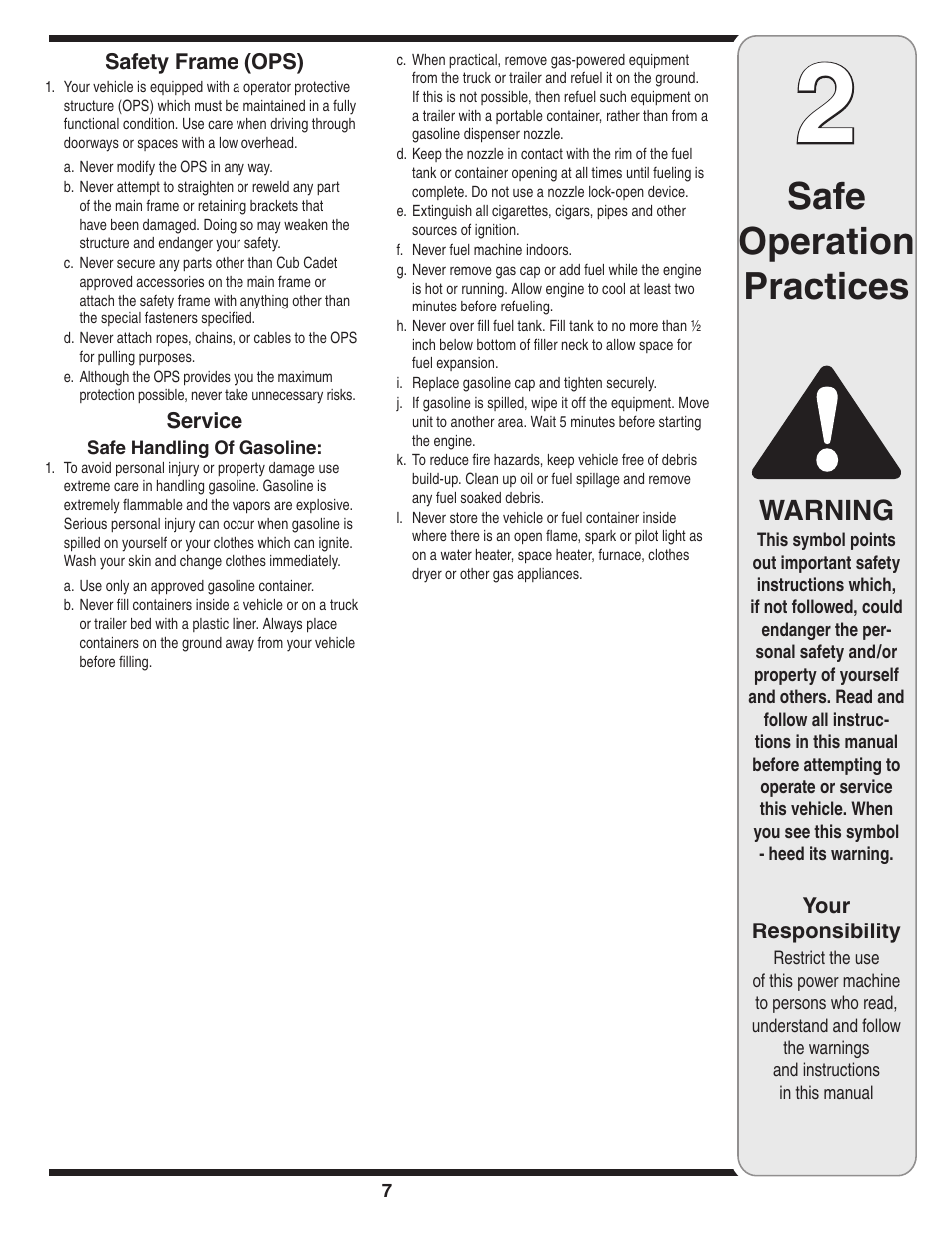 Safe operation practices, Warning | Cub Cadet Series C470 User Manual | Page 7 / 28