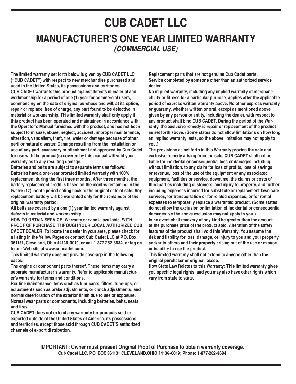 Cub cadet llc, Manufacturer’s one year limited warranty | Cub Cadet 435D User Manual | Page 22 / 24