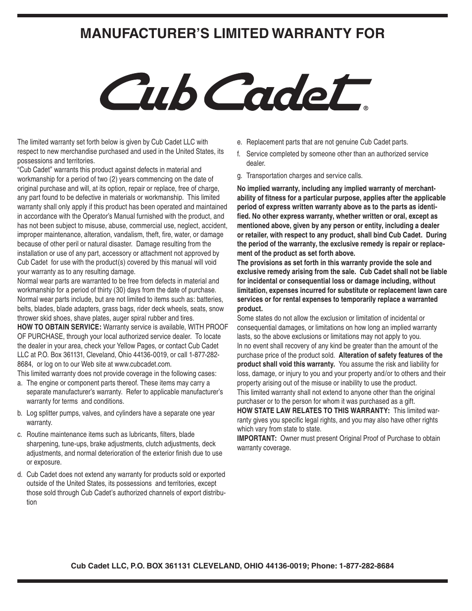 Manufacturer’s limited warranty for | Cub Cadet 435D User Manual | Page 23 / 24