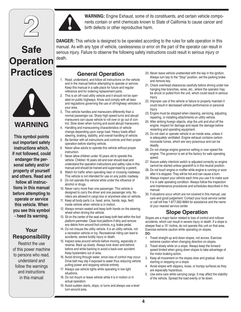 Safe operation practices, Warning, General operation | Slope operation, Your responsibility | Cub Cadet 435D User Manual | Page 4 / 24