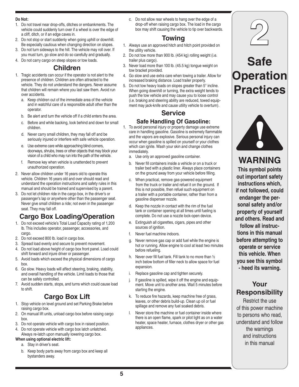 Safe operation practices, Warning, Your responsibility | Children, Cargo box loading/operation, Cargo box lift, Towing, Service | Cub Cadet 435D User Manual | Page 5 / 24