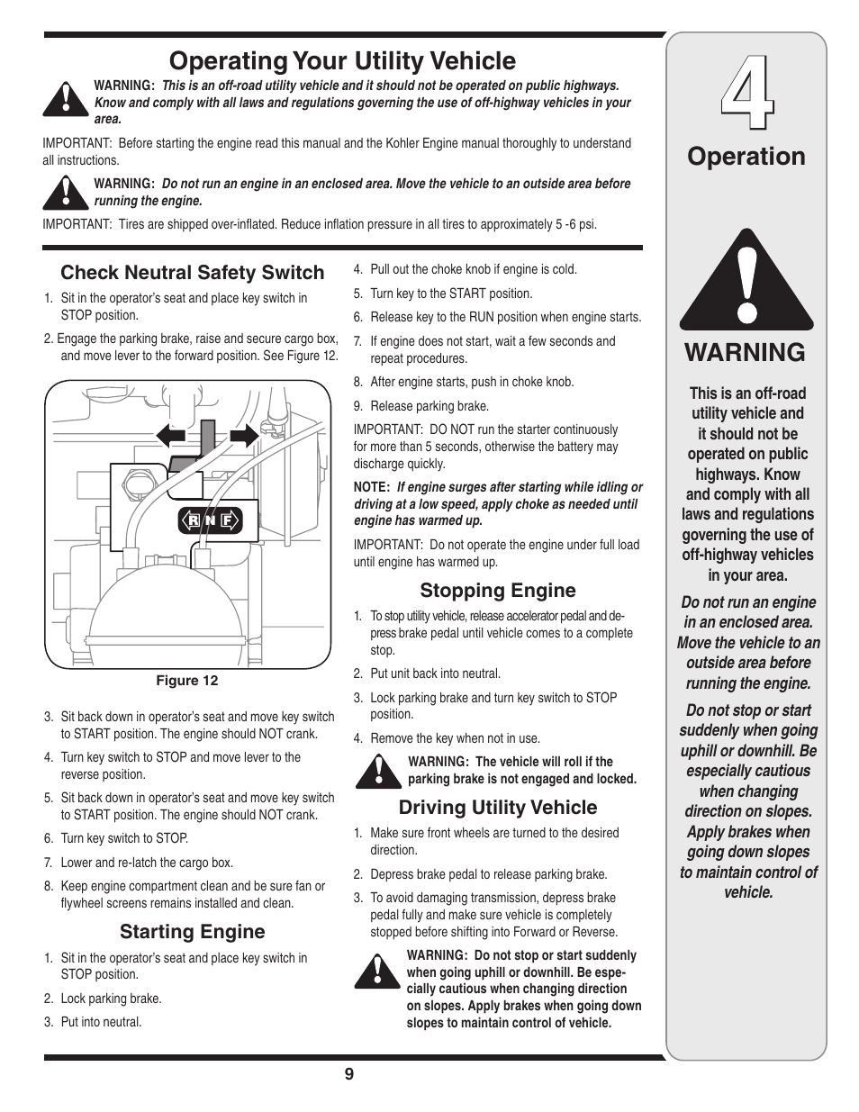 Operation warning, Operating your utility vehicle | Cub Cadet 435D User Manual | Page 9 / 24