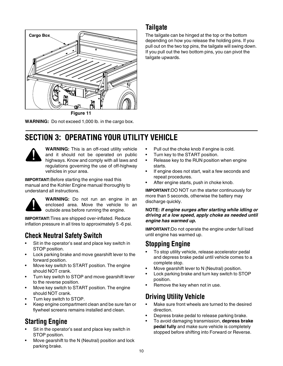 Tailgate, Section 3: operating your utility vehicle, Check neutral safety switch | Starting engine, Stopping engine, Driving utility vehicle, Figure 11 | Cub Cadet 642 User Manual | Page 10 / 24