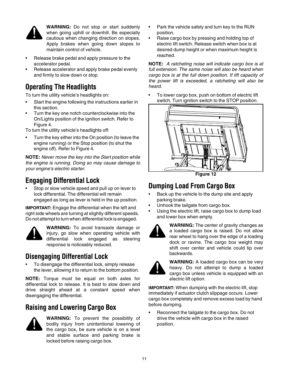 Operating the headlights, Engaging differential lock, Disengaging differential lock | Raising and lowering cargo box, Dumping load from cargo box, 11 of | Cub Cadet 642 User Manual | Page 11 / 24