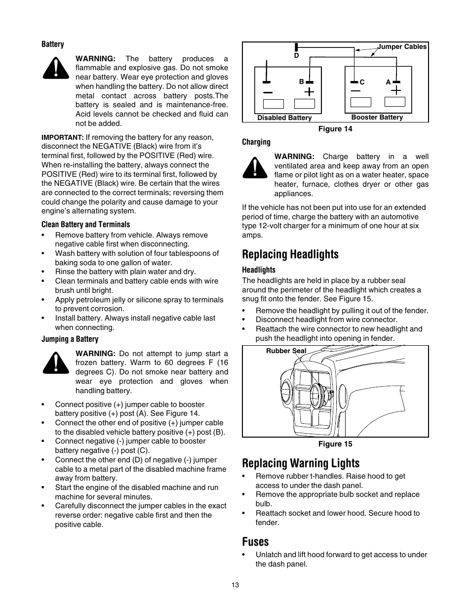 Battery, Clean battery and terminals, Jumping a battery | Charging, Replacing headlights, Headlights, Replacing warning lights, Fuses | Cub Cadet 642 User Manual | Page 13 / 24