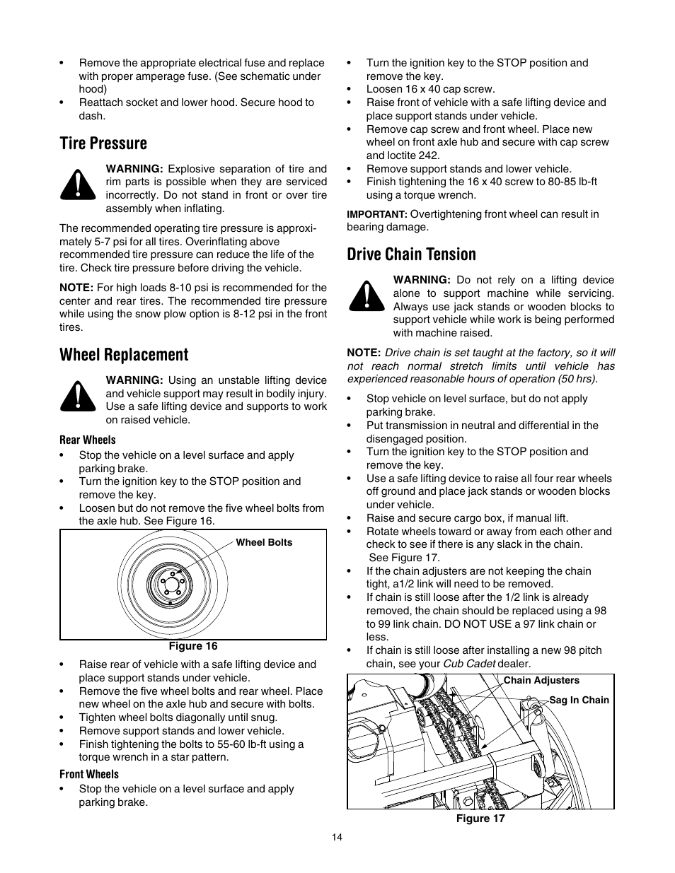 Tire pressure, Wheel replacement, Rear wheels | Front wheels, Drive chain tension | Cub Cadet 642 User Manual | Page 14 / 24