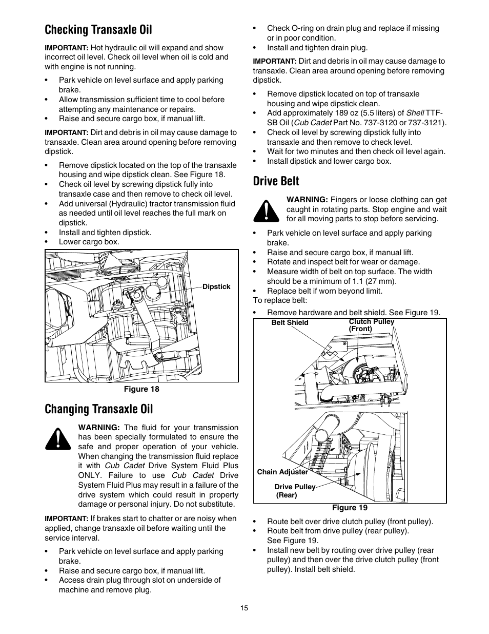 Checking transaxle oil, Changing transaxle oil, Drive belt | Cub Cadet 642 User Manual | Page 15 / 24