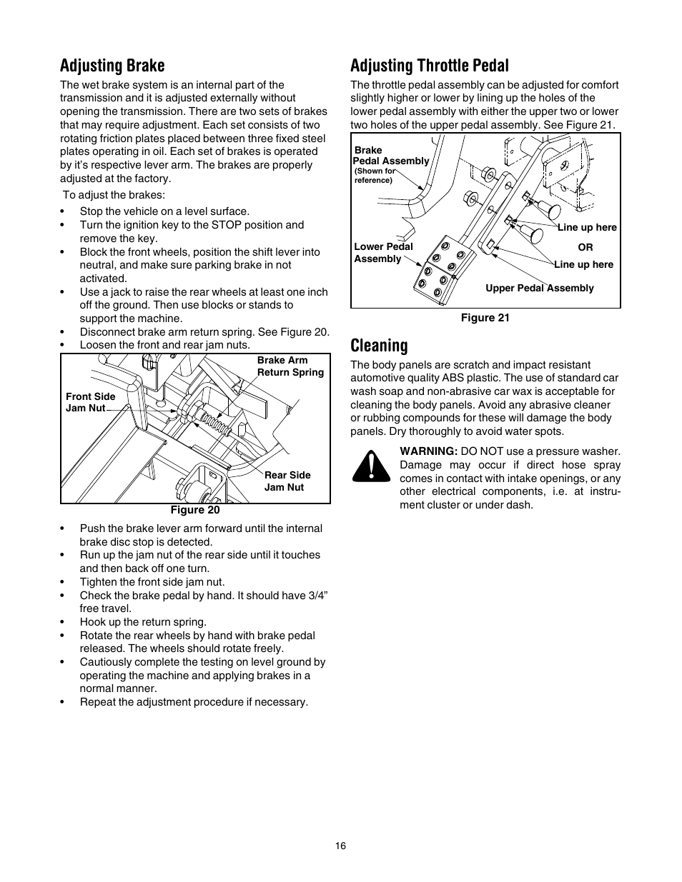 Adjusting brake, Adjusting throttle pedal, Cleaning | Cub Cadet 642 User Manual | Page 16 / 24