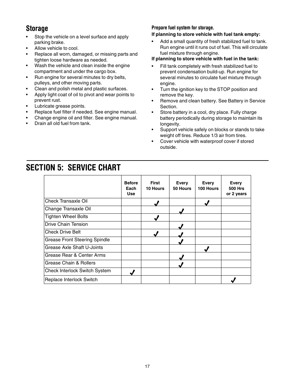 Storage, Prepare fuel system for storage, Section 5: service chart | Cub Cadet 642 User Manual | Page 17 / 24