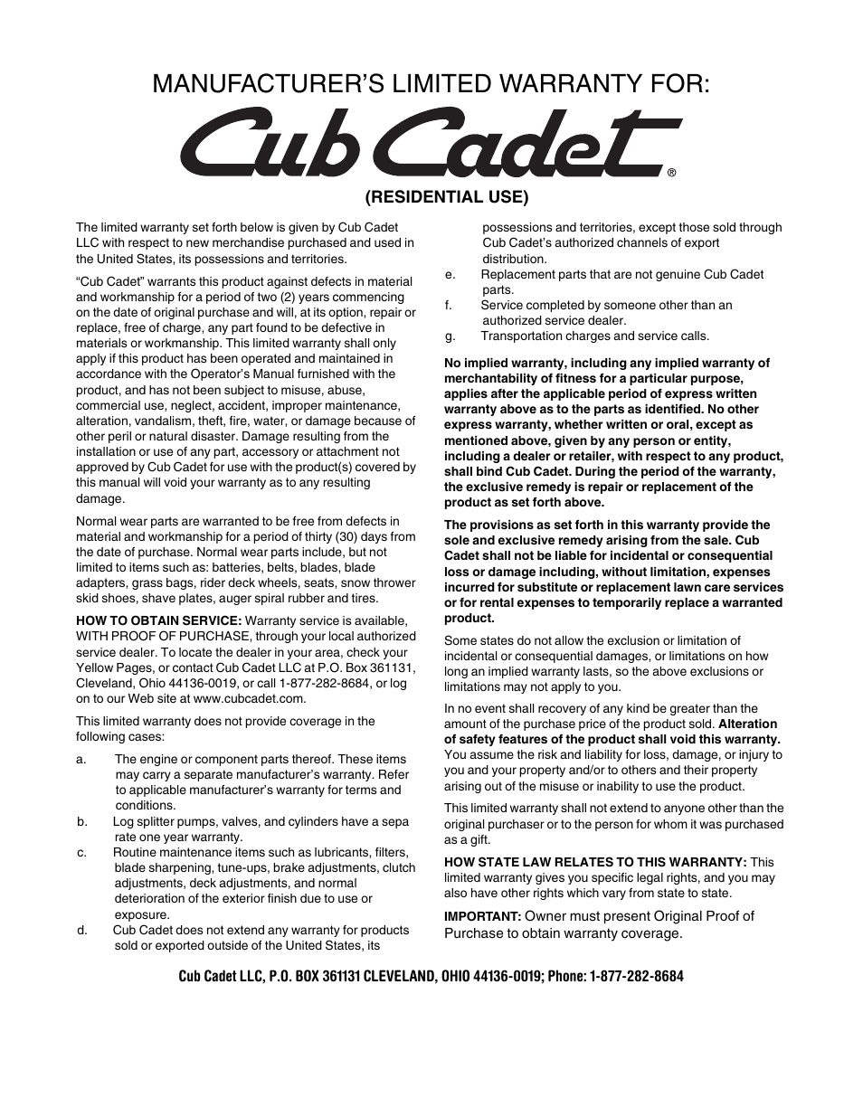 Manufacturer’s limited warranty for | Cub Cadet 642 User Manual | Page 24 / 24