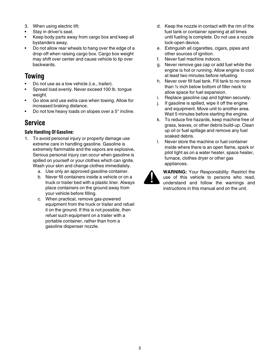 Towing, Service, Safe handling of gasoline | Cub Cadet 642 User Manual | Page 5 / 24