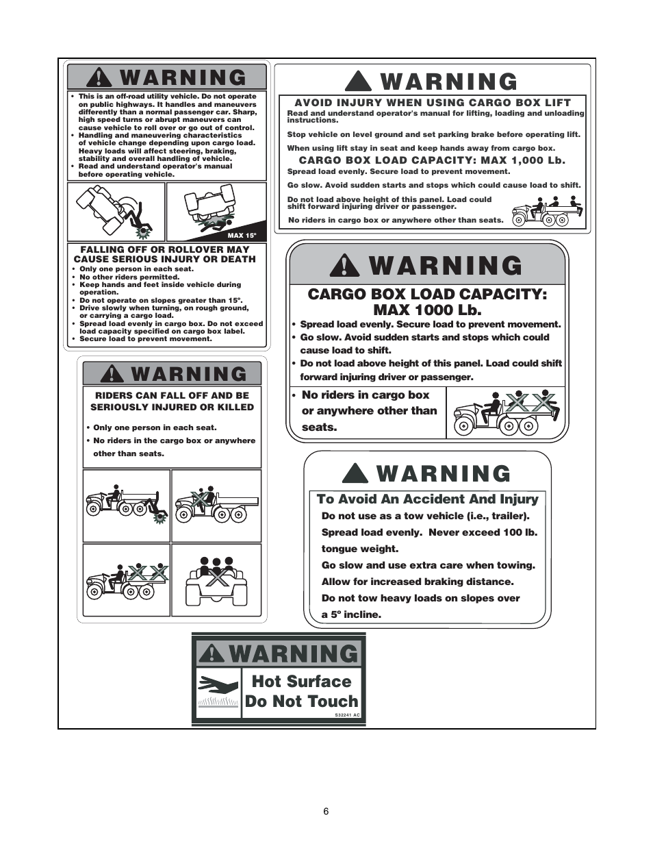 Hot surface do not touch, Cargo box load capacity: max 1000 lb | Cub Cadet 642 User Manual | Page 6 / 24