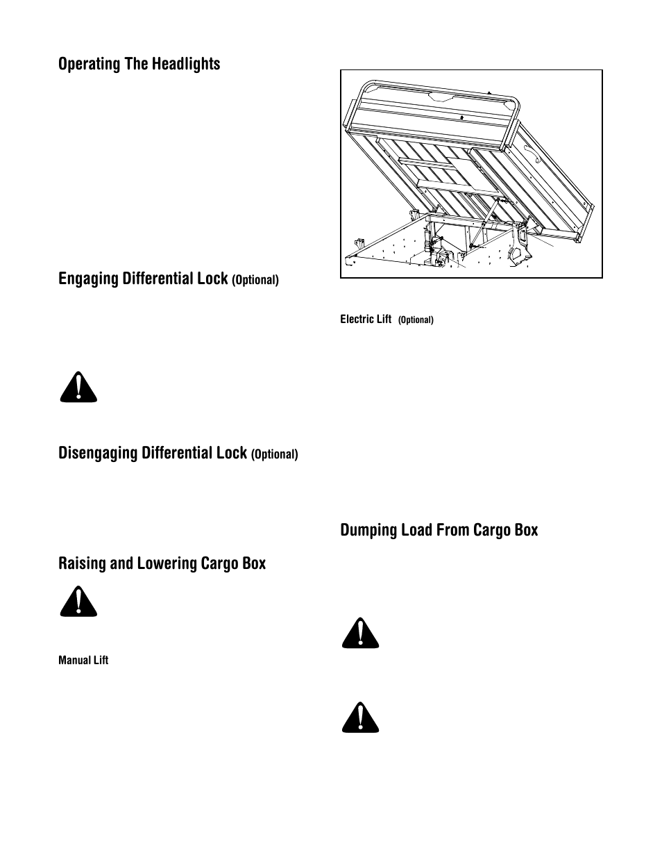 Operating the headlights, Engaging differential lock, Disengaging differential lock | Raising and lowering cargo box, Dumping load from cargo box | Cub Cadet 414 User Manual | Page 11 / 24