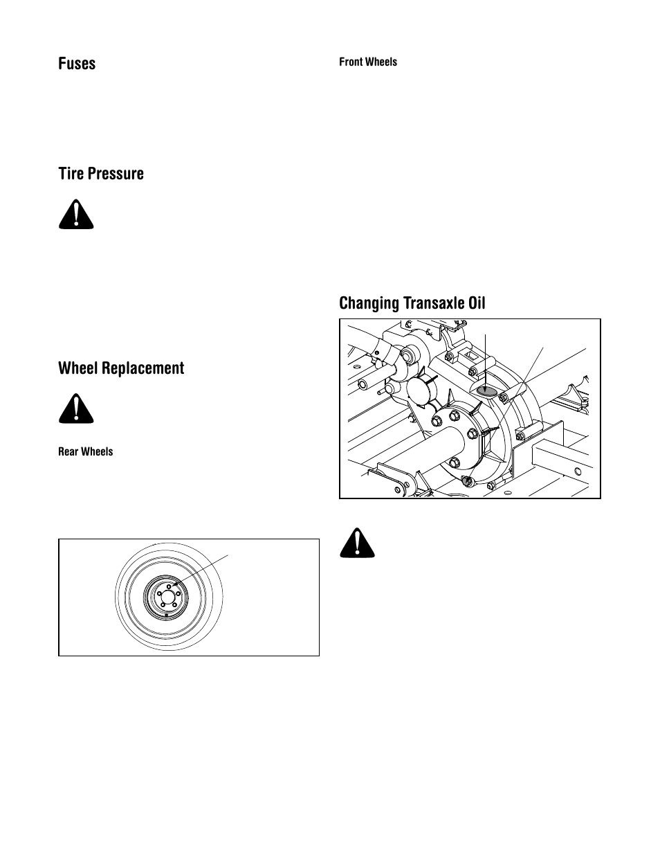 Fuses, Tire pressure, Wheel replacement | Changing transaxle oil | Cub Cadet 414 User Manual | Page 14 / 24
