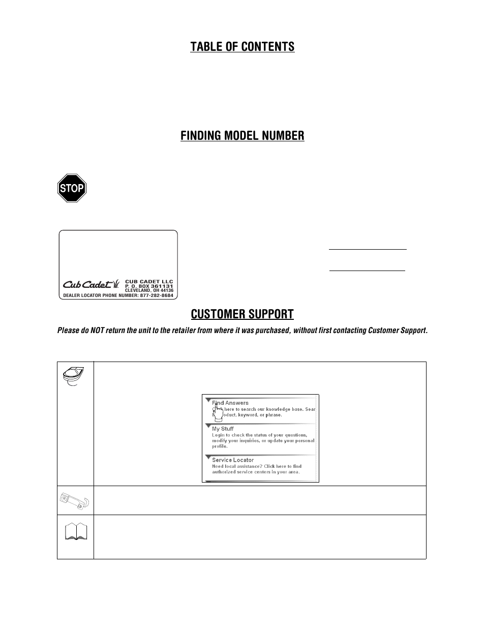 Table of contents finding model number, Customer support | Cub Cadet 414 User Manual | Page 2 / 24