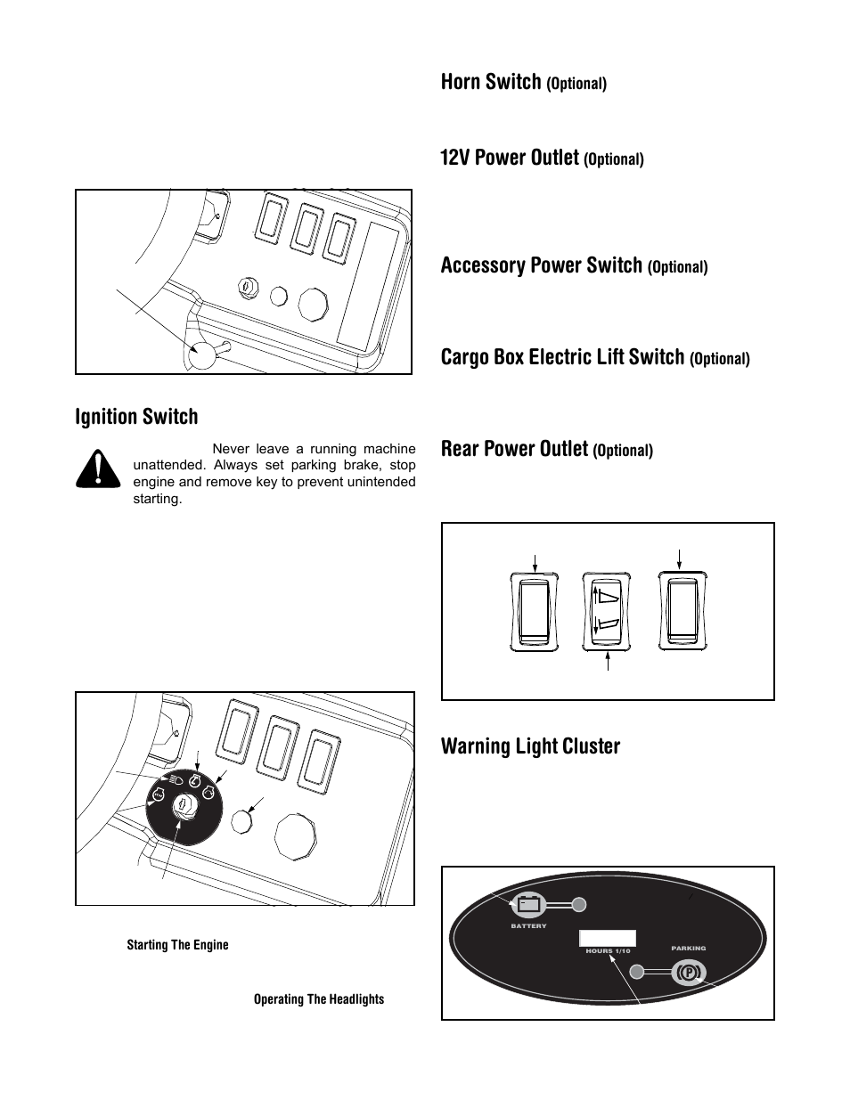 Ignition switch, Horn switch, 12v power outlet | Accessory power switch, Cargo box electric lift switch, Rear power outlet, Warning light cluster | Cub Cadet 414 User Manual | Page 8 / 24