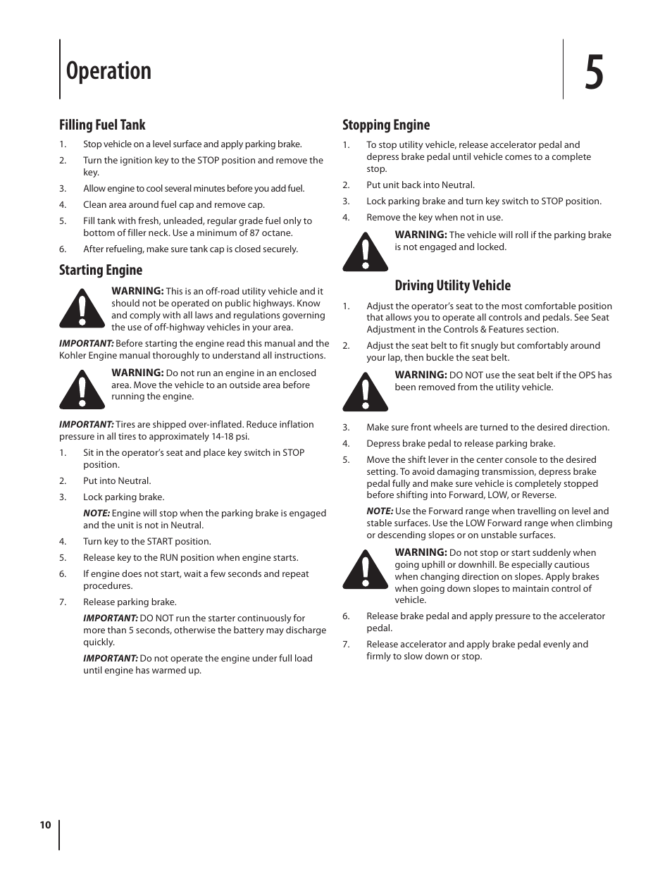 Operation, Filling fuel tank, Starting engine | Stopping engine, Driving utility vehicle | Cub Cadet M467 User Manual | Page 10 / 28