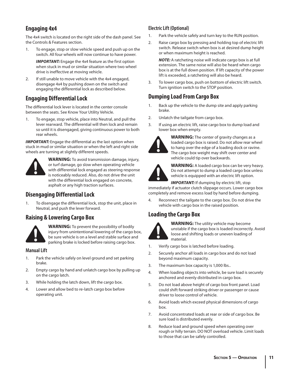 Engaging 4x4, Engaging differential lock, Disengaging differential lock | Raising & lowering cargo box, Dumping load from cargo box, Loading the cargo box | Cub Cadet M467 User Manual | Page 11 / 28