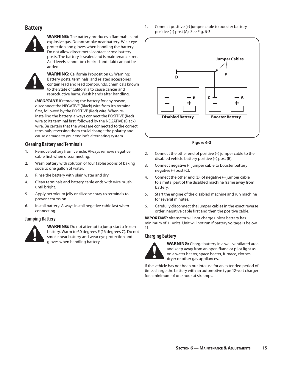 Battery, Charging battery, Cleaning battery and terminals | Jumping battery | Cub Cadet M467 User Manual | Page 15 / 28