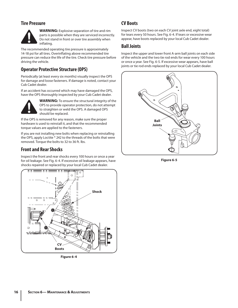 Cv boots, Ball joints, Tire pressure | Operator protective structure (ops), Front and rear shocks | Cub Cadet M467 User Manual | Page 16 / 28