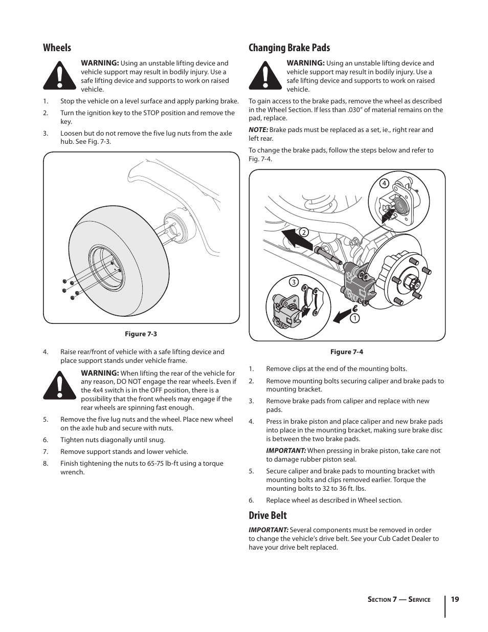 Wheels, Changing brake pads, Drive belt | Cub Cadet M467 User Manual | Page 19 / 28