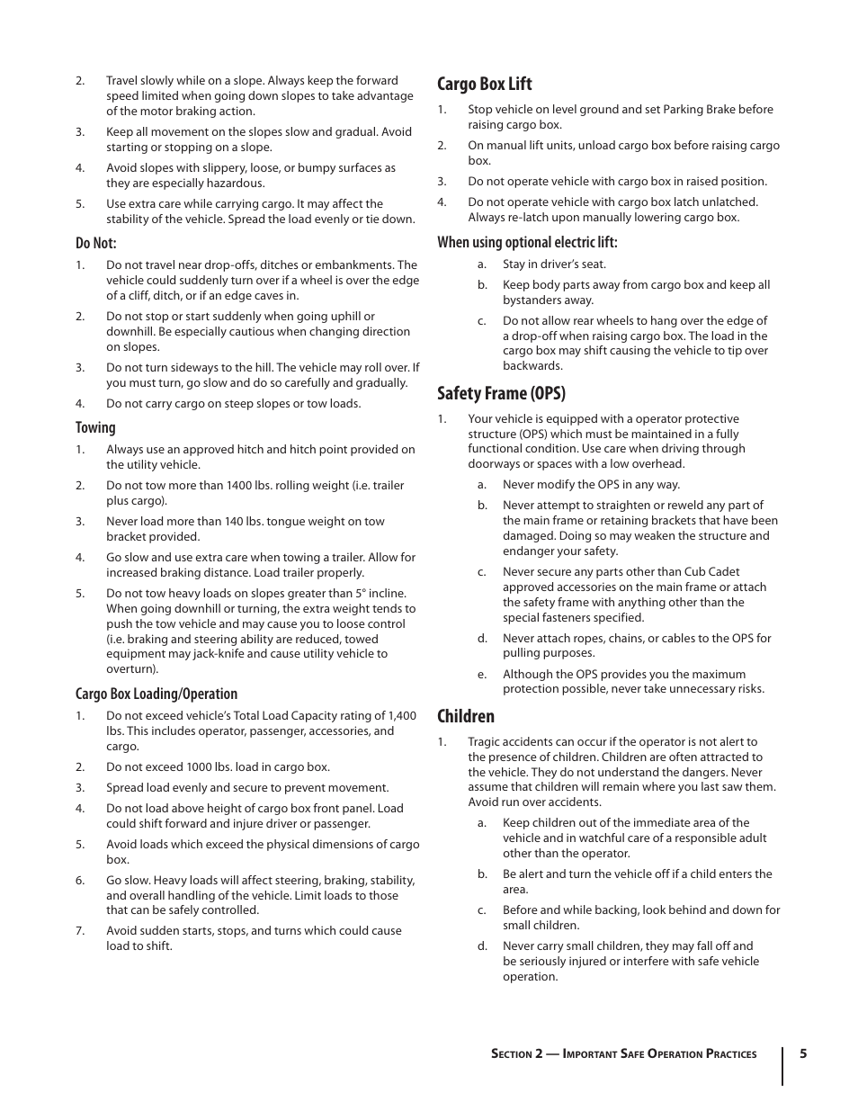 Cargo box lift, Safety frame (ops), Children | Do not, Towing, Cargo box loading/operation, When using optional electric lift | Cub Cadet M467 User Manual | Page 5 / 28