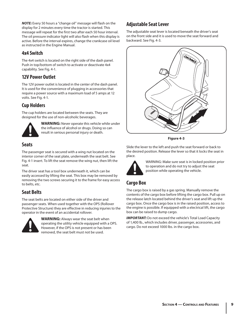 4x4 switch, 12v power outlet, Cup holders | Seats, Seat belts, Adjustable seat lever, Cargo box | Cub Cadet M467 User Manual | Page 9 / 28