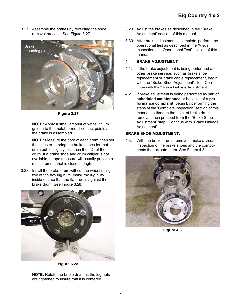 Brake adjustment, Brake shoe adjustment, Big country 4 x 2 | Cub Cadet 4 x 2 Big Country - Steel Bed User Manual | Page 11 / 38
