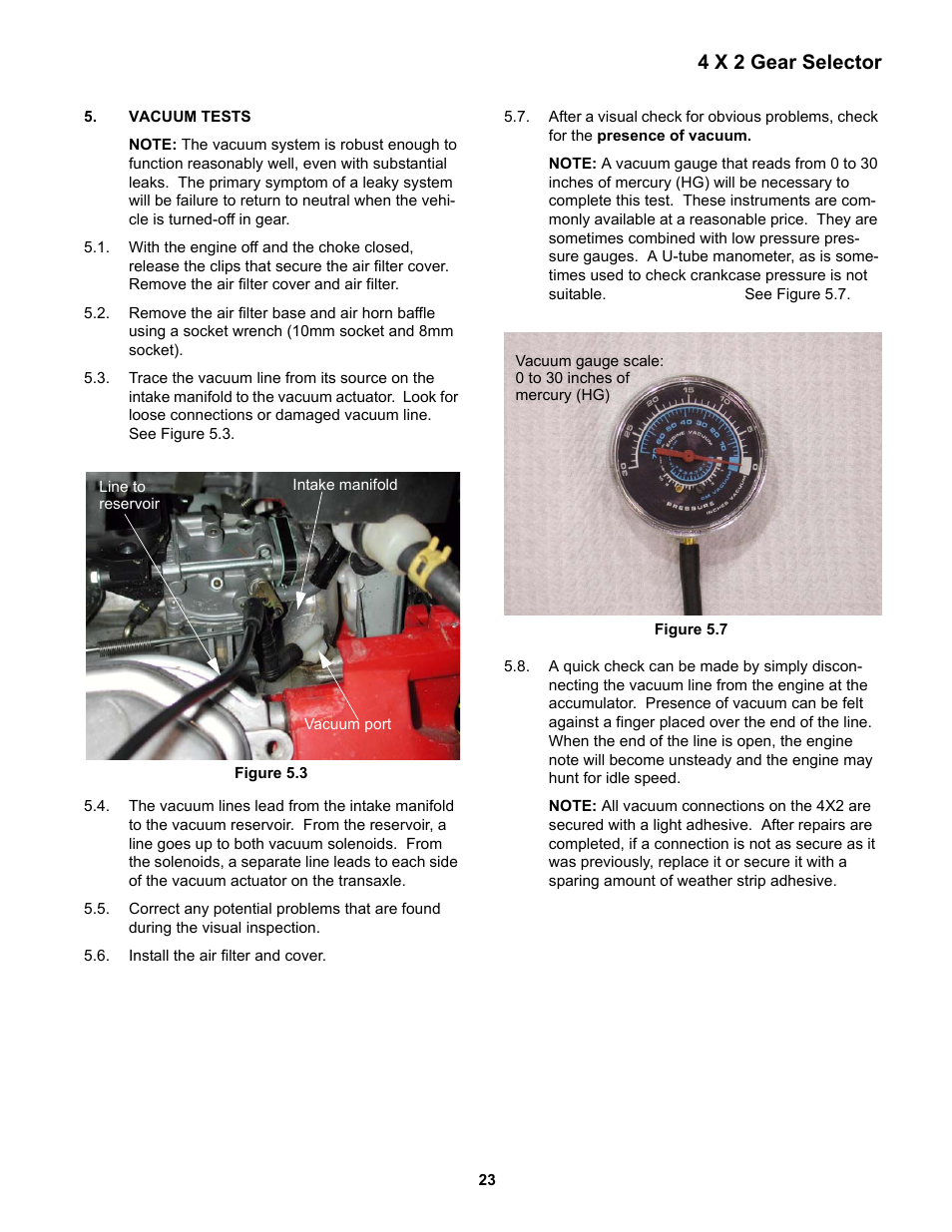 Vacuum tests, 4 x 2 gear selector | Cub Cadet 4 x 2 Big Country - Steel Bed User Manual | Page 27 / 38