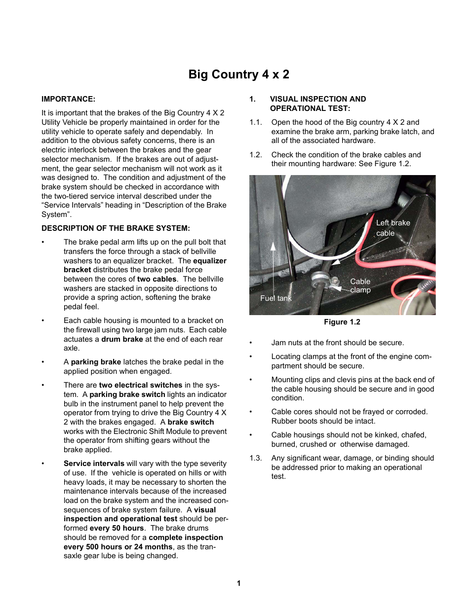 Big country 4x2, Description of the brake system, Visual inspection and operational test | Big country 4 x 2 | Cub Cadet 4 x 2 Big Country - Steel Bed User Manual | Page 5 / 38