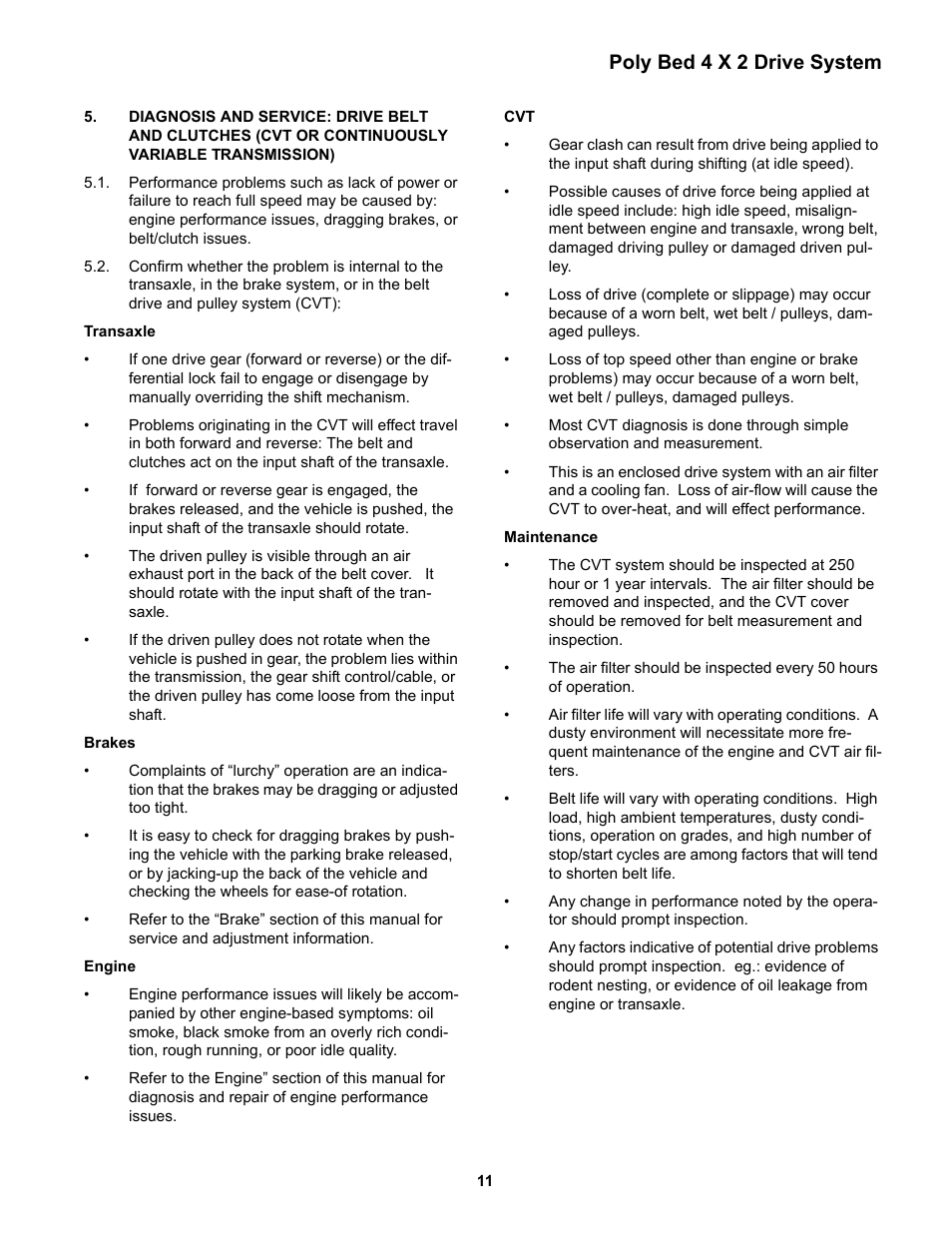 Diagnosis and service: drive belt and clutches, Poly bed 4 x 2 drive system | Cub Cadet 4 x 2 Big Country - Poly Bed & Steel Bed User Manual | Page 15 / 82