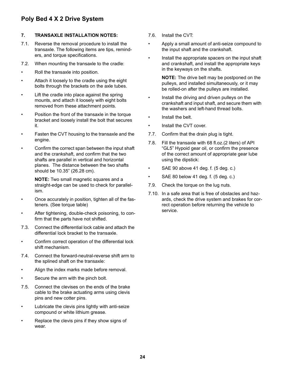 Transaxle installation notes, Poly bed 4 x 2 drive system | Cub Cadet 4 x 2 Big Country - Poly Bed & Steel Bed User Manual | Page 28 / 82