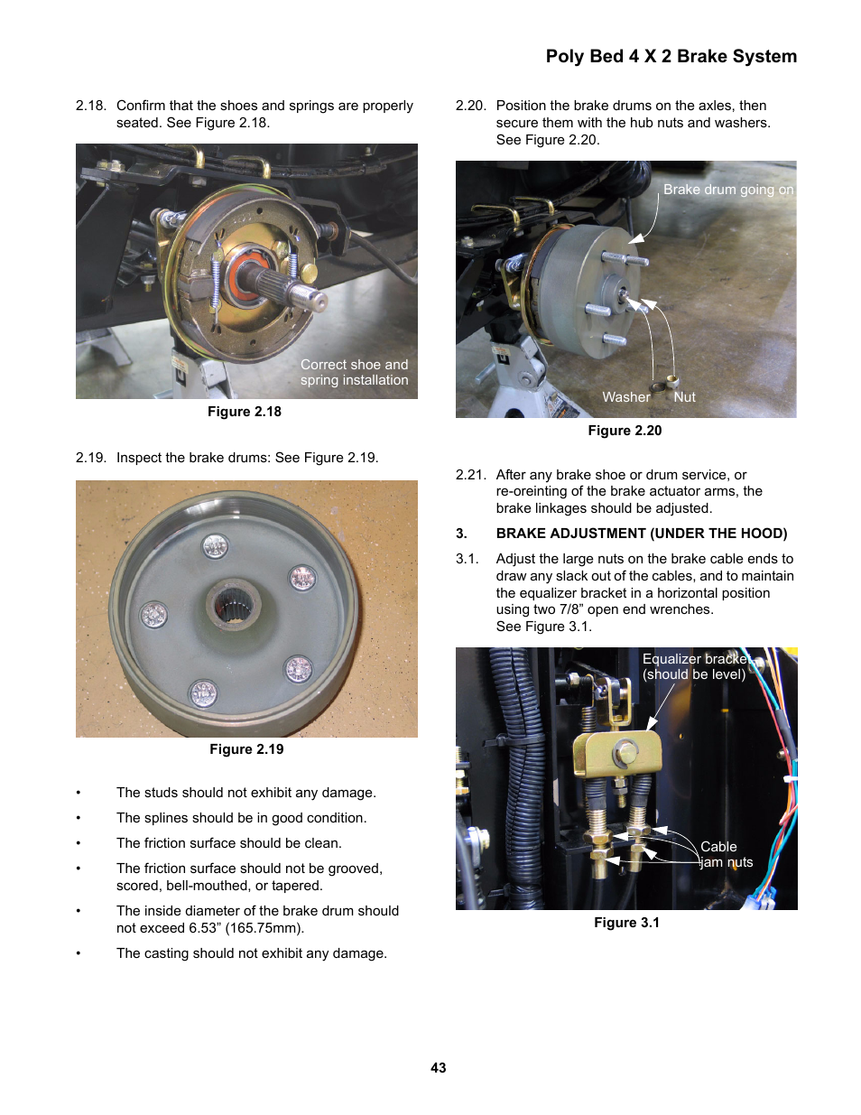 Brake adjustment (under the hood), Brake adjustment (under the hood) 43, Poly bed 4 x 2 brake system | Cub Cadet 4 x 2 Big Country - Poly Bed & Steel Bed User Manual | Page 47 / 82