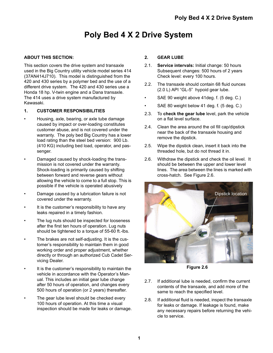 Poly bed 4 x 2 drive system, Customer responsibilities, Gear lube | Cub Cadet 4 x 2 Big Country - Poly Bed & Steel Bed User Manual | Page 5 / 82