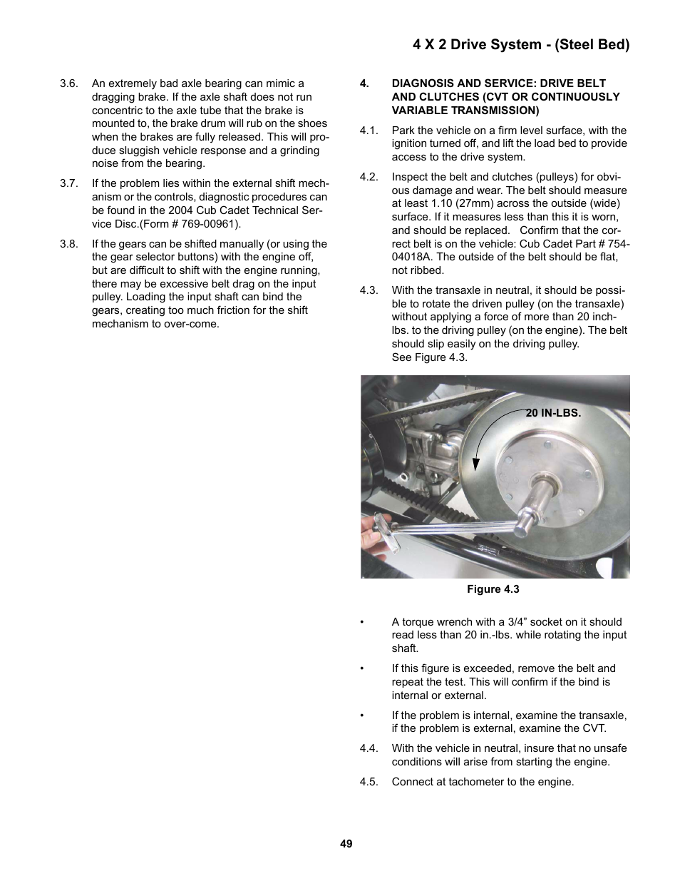Diagnosis and service: drive belt and clutches, 4 x 2 drive system - (steel bed) | Cub Cadet 4 x 2 Big Country - Poly Bed & Steel Bed User Manual | Page 53 / 82