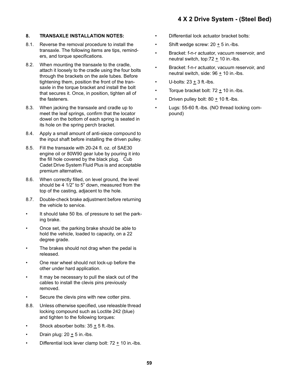 Transaxle installation notes, 4 x 2 drive system - (steel bed) | Cub Cadet 4 x 2 Big Country - Poly Bed & Steel Bed User Manual | Page 63 / 82