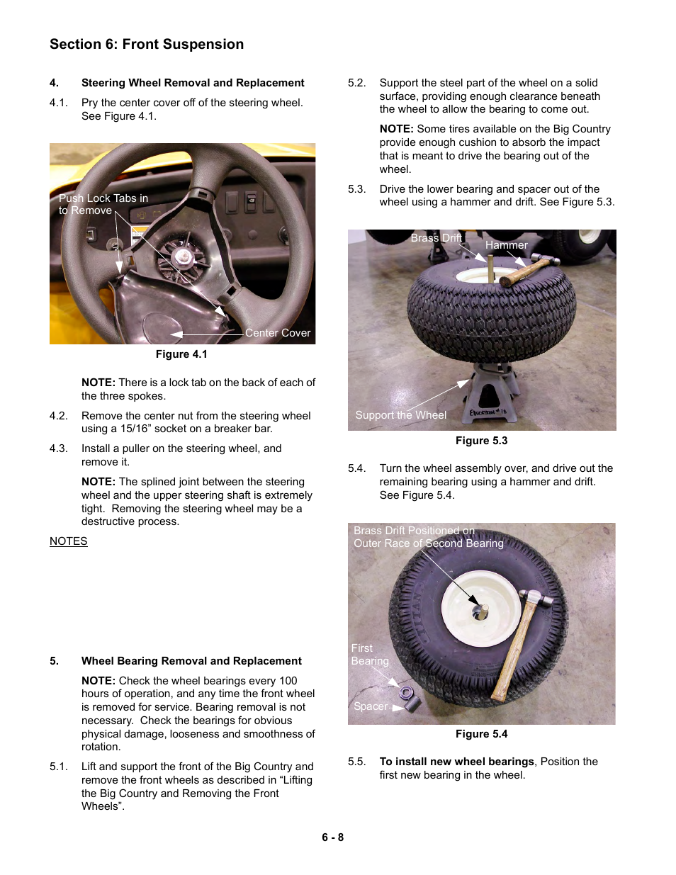 Steering wheel removal and replacement, Wheel bearing removal and replacement | Cub Cadet 6 x 4 Big Country User Manual | Page 103 / 121