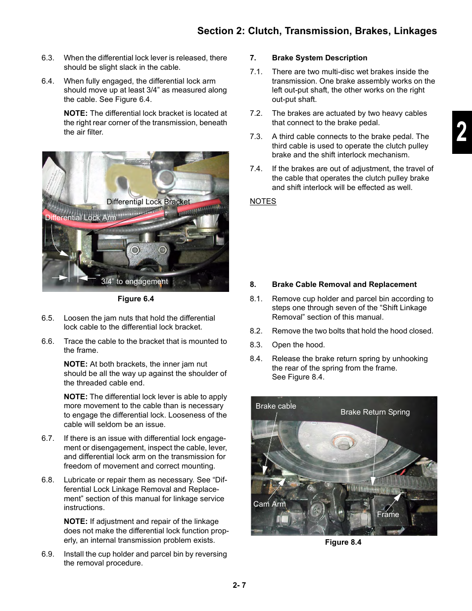 Brake system description, Brake cable removal and replacement | Cub Cadet 6 x 4 Big Country User Manual | Page 16 / 121