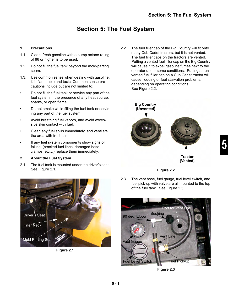 Precautions, About the fuel system | Cub Cadet 6 x 4 Big Country User Manual | Page 84 / 121