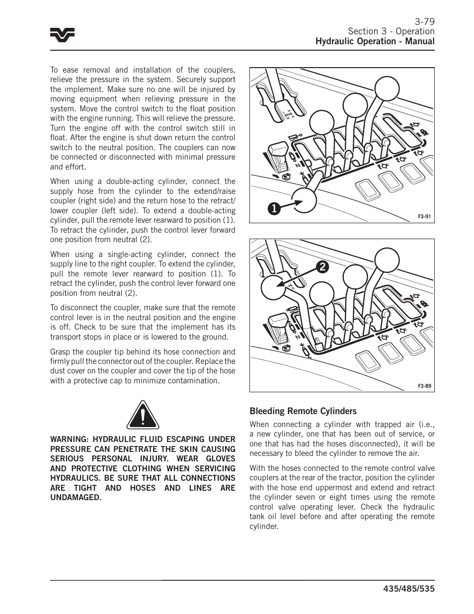 Bleeding remote cylinders | Buhler 535 User Manual | Page 108 / 249