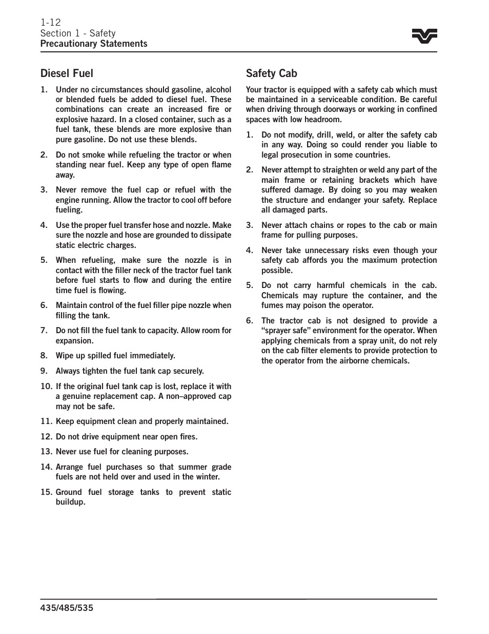 Diesel fuel, Safety cab | Buhler 535 User Manual | Page 13 / 249