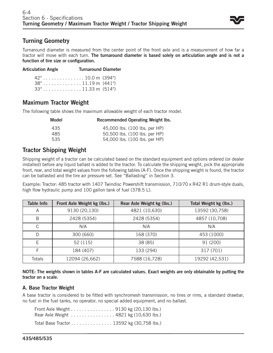 Turning geometry, Maximum tractor weight, Tractor shipping weight | Buhler 535 User Manual | Page 219 / 249