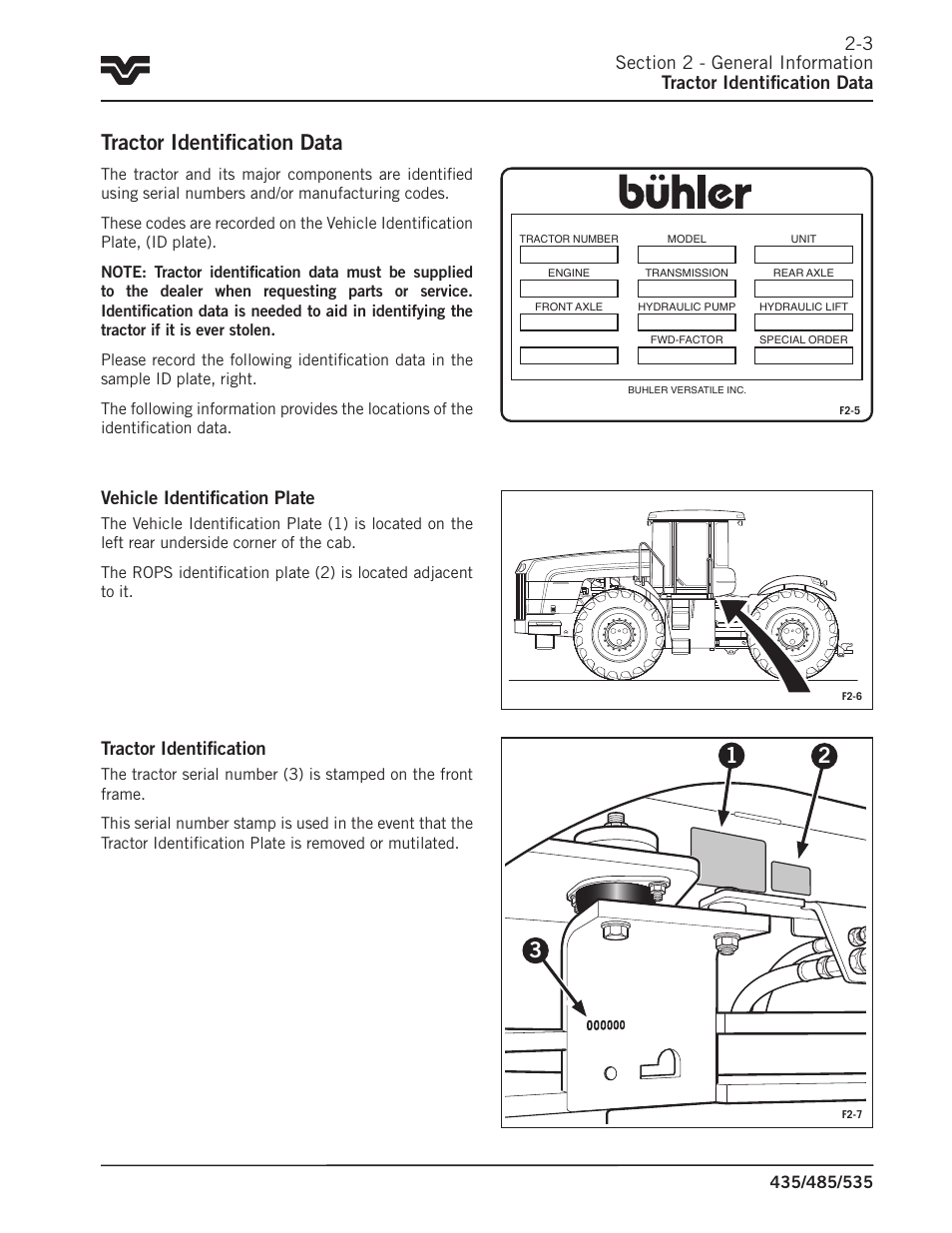 Tractor identification data, Vehicle identification plate, Tractor identification | Buhler 535 User Manual | Page 22 / 249