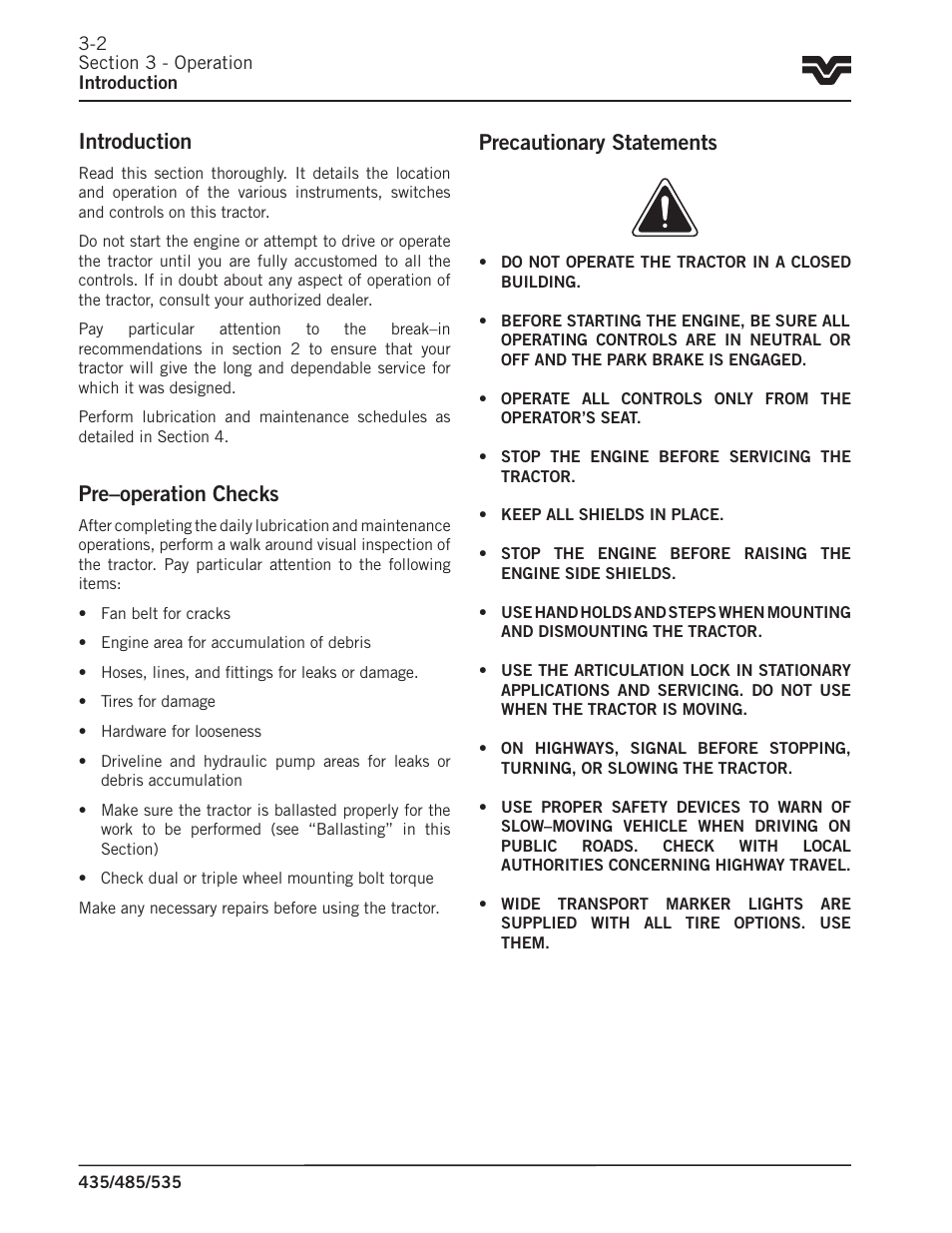 Introduction, Pre–operation checks, Precautionary statements | Buhler 535 User Manual | Page 31 / 249