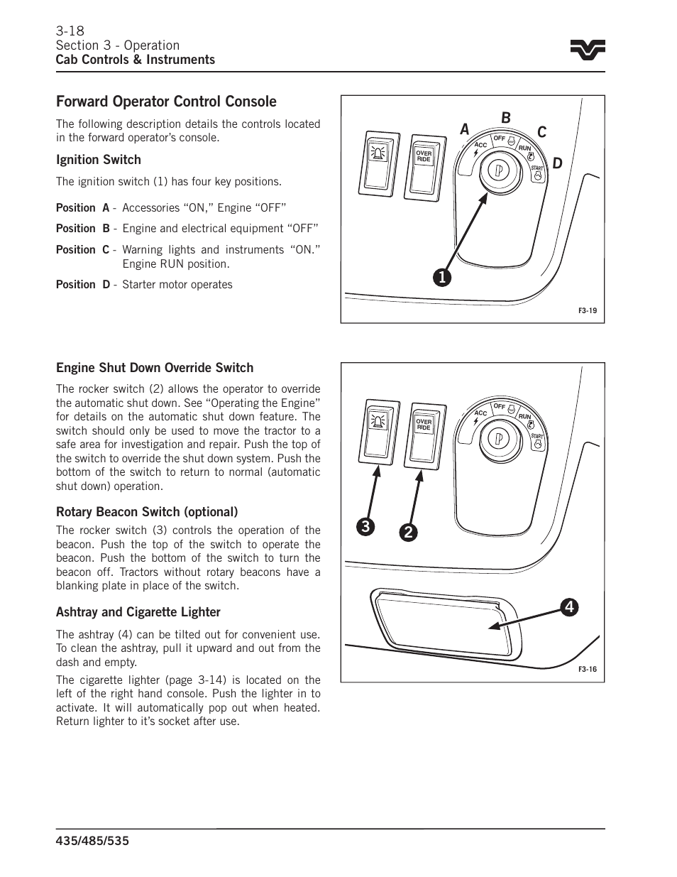 Forward operator control console, Ab c d 1, Ignition switch | Engine shut down override switch, Rotary beacon switch (optional), Ashtray and cigarette lighter | Buhler 535 User Manual | Page 47 / 249