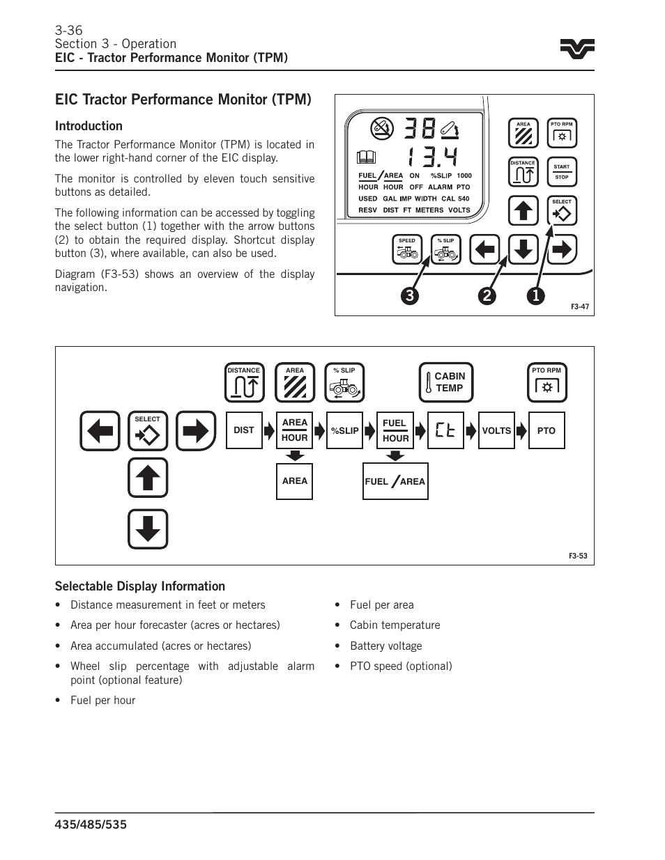 Eic tractor performance monitor (tpm), Introduction, Selectable display information | Buhler 535 User Manual | Page 65 / 249