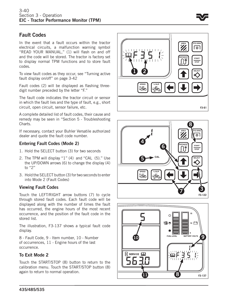 Fault codes, Entering fault codes (mode 2), Viewing fault codes | Buhler 535 User Manual | Page 69 / 249