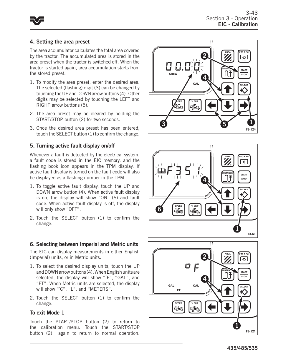 Turning active fault display on/off, Selecting between imperial and metric units | Buhler 535 User Manual | Page 72 / 249