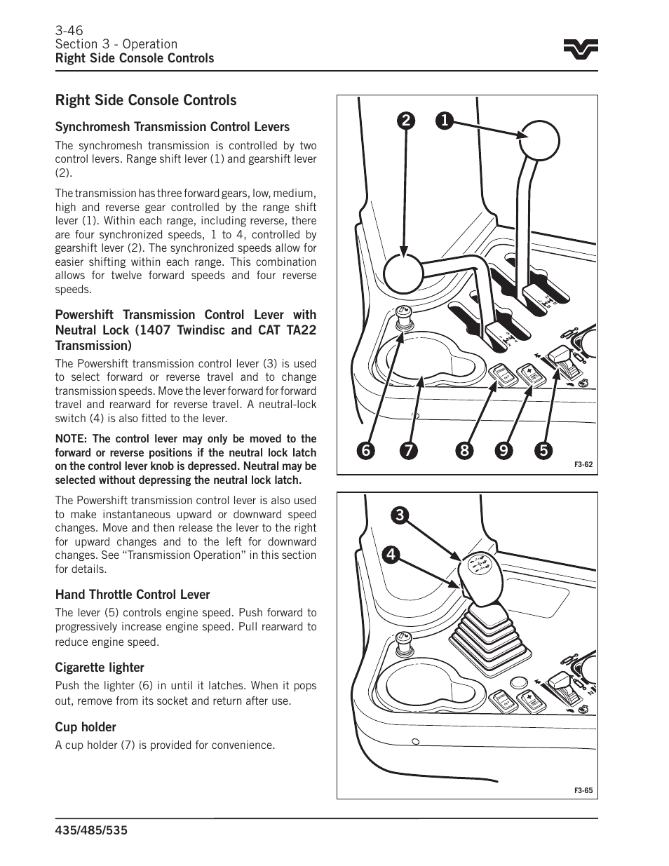 Right side console controls, Synchromesh transmission control levers, Hand throttle control lever | Cigarette lighter, Cup holder | Buhler 535 User Manual | Page 75 / 249