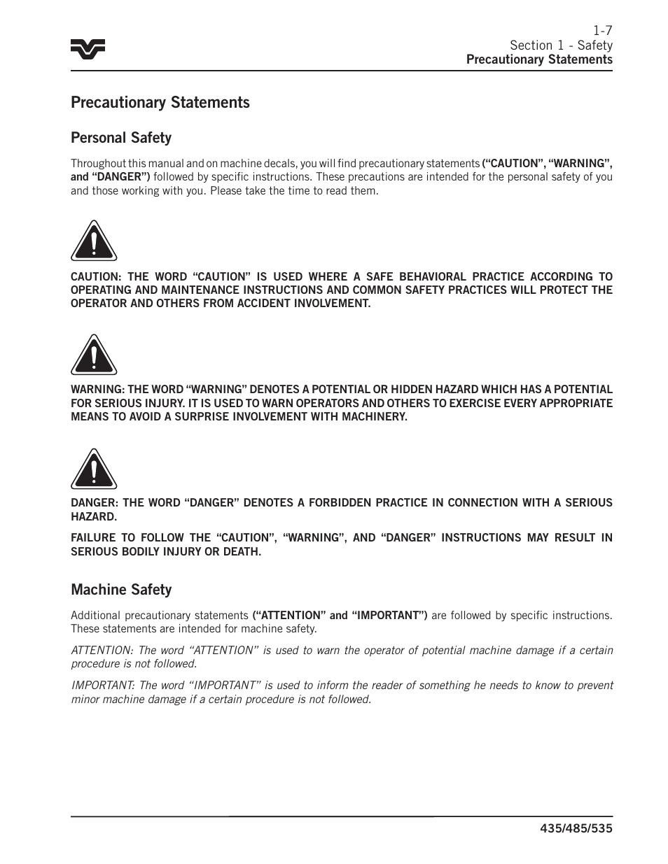 Precautionary statements, Personal safety, Machine safety | Buhler 535 User Manual | Page 8 / 249